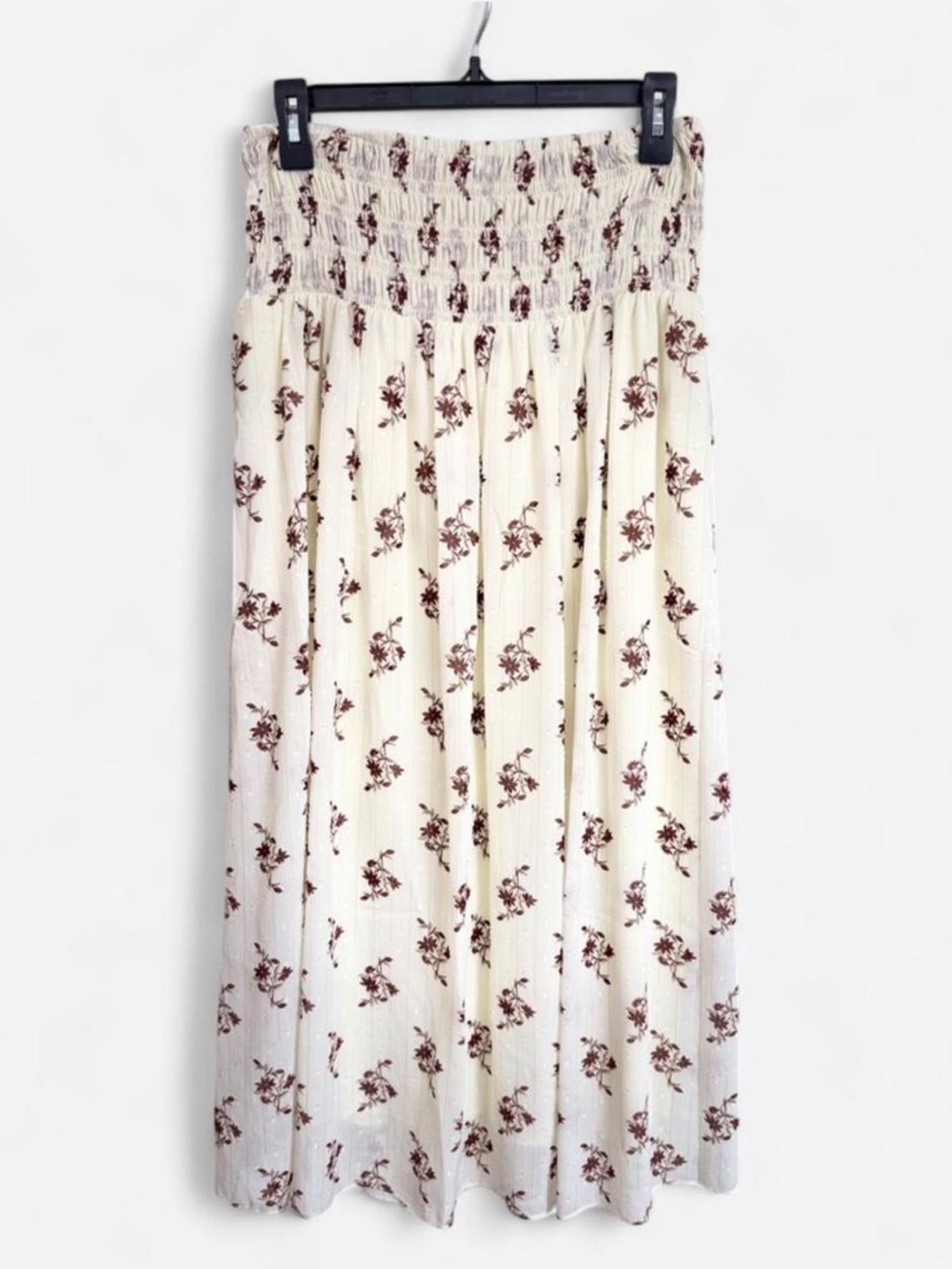 Smocked Waist Floral Maxi Skirt - ivory + burgandy